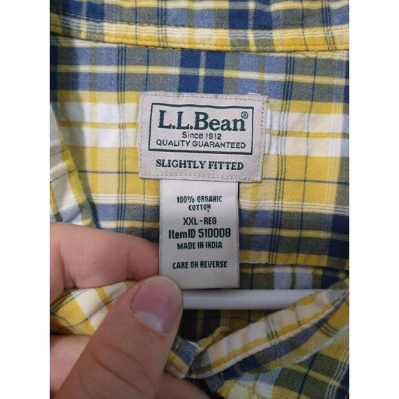 LL Bean Shirt Mens 2XL Yellow Plaid Seersucker Organic Cotton Slightly Fitted - Picture 5 of 6